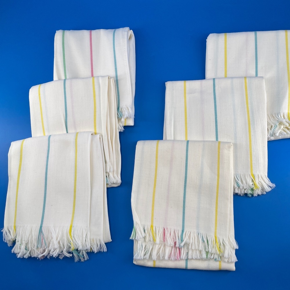 Vintage Pastel Ribbon Stripe Kitchen Towels Flat Weave 6 Matching Set Fringed